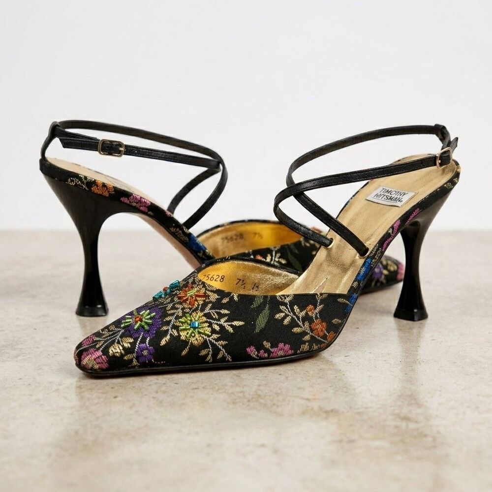 Timothy Hitsman Shoe 7.5 SPAIN Beaded Floral Pointed Toe Heel Dark Romantic Goth